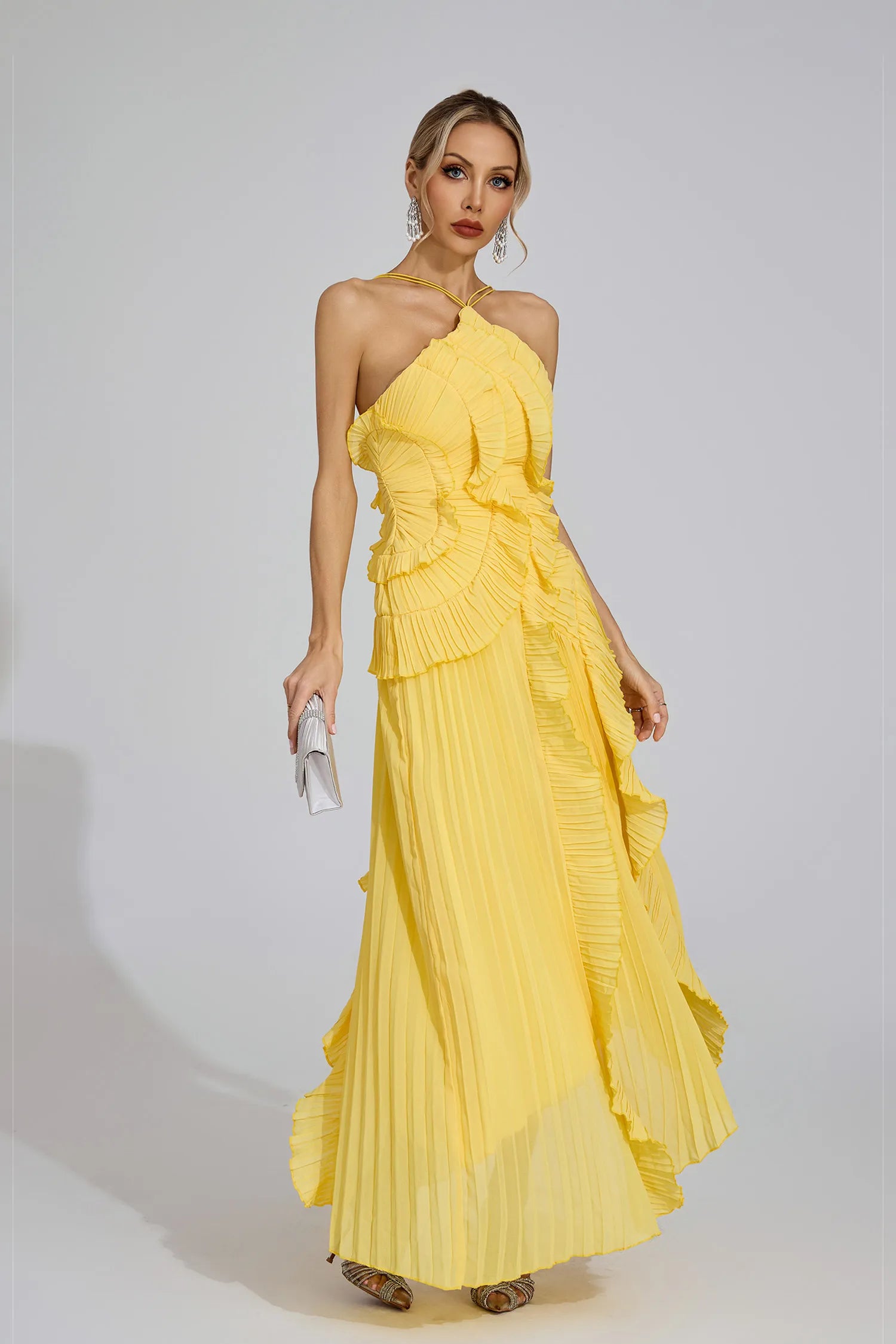 Dravina Yellow Asymmetric Pleated Halter Maxi Dress