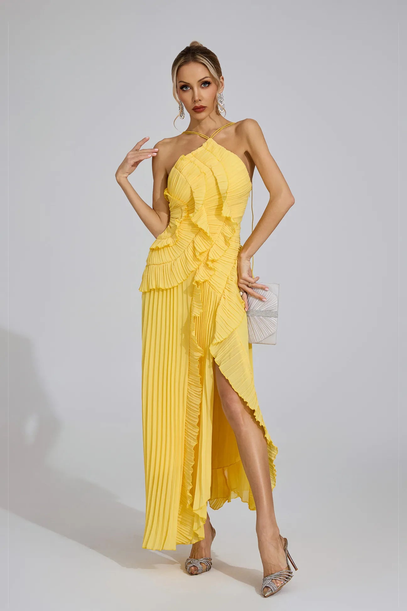 Dravina Yellow Asymmetric Pleated Halter Maxi Dress
