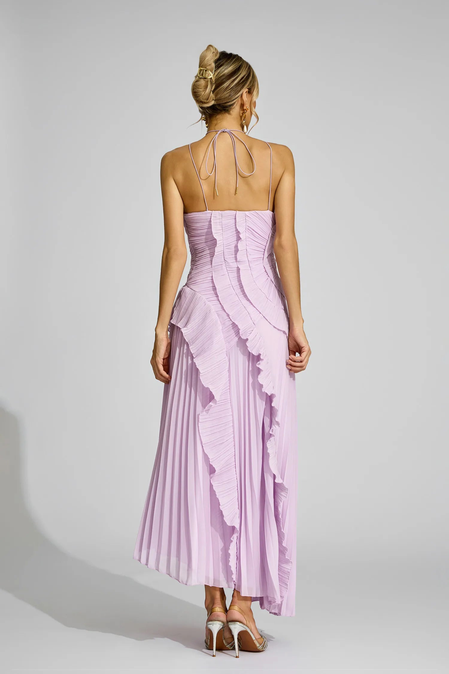 Elodie Purple Asymmetric Pleated Halter Maxi Dress