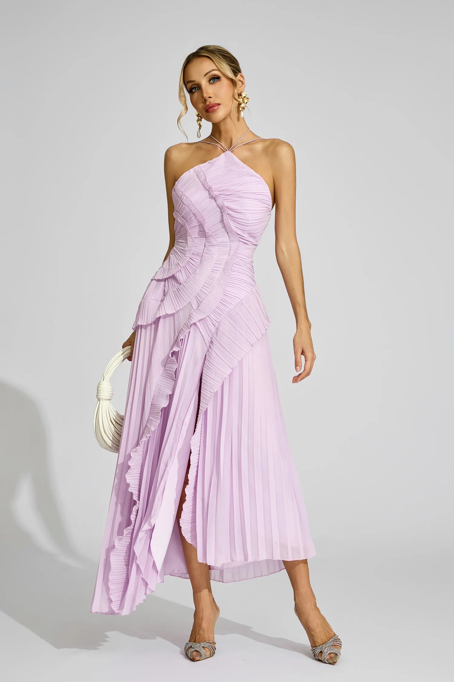 Elodie Purple Asymmetric Pleated Halter Maxi Dress