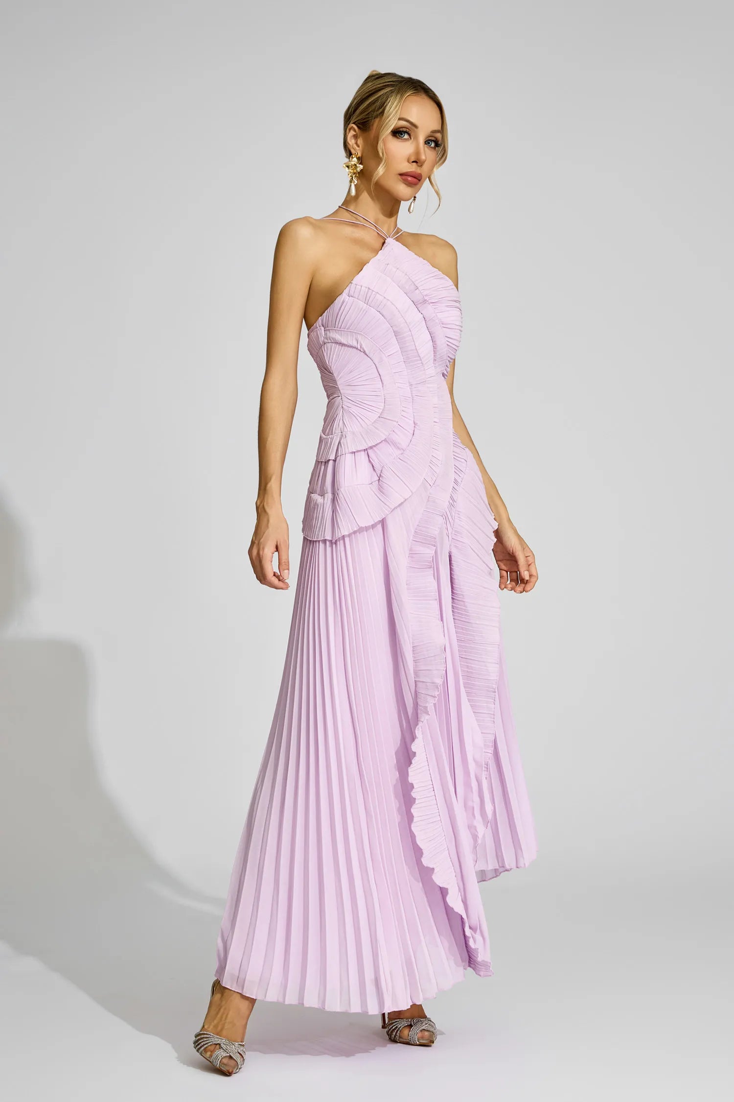 Elodie Purple Asymmetric Pleated Halter Maxi Dress