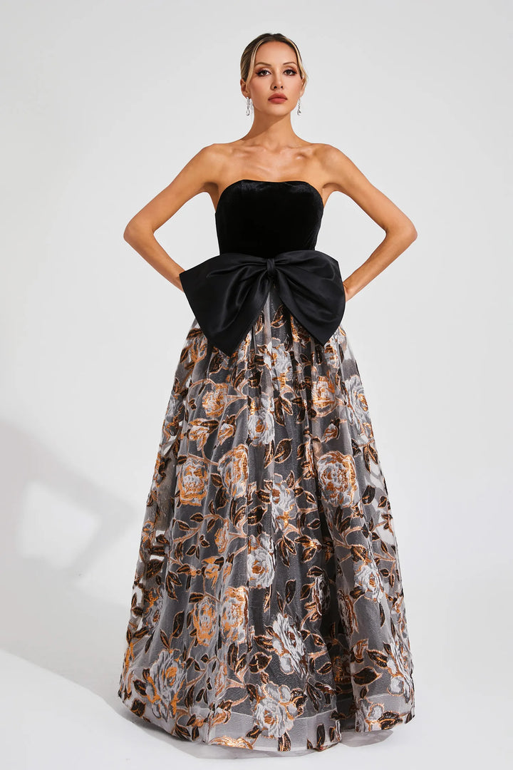 Clementine Black Bow Off Shoulder Maxi Dress