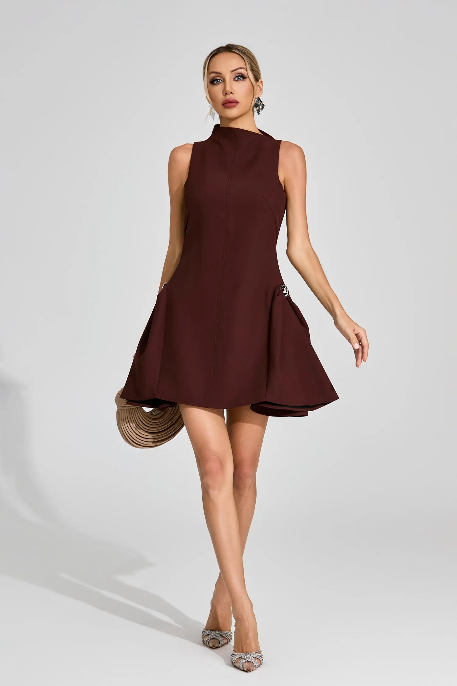 Paloma Brown High - Neck Mini Dress