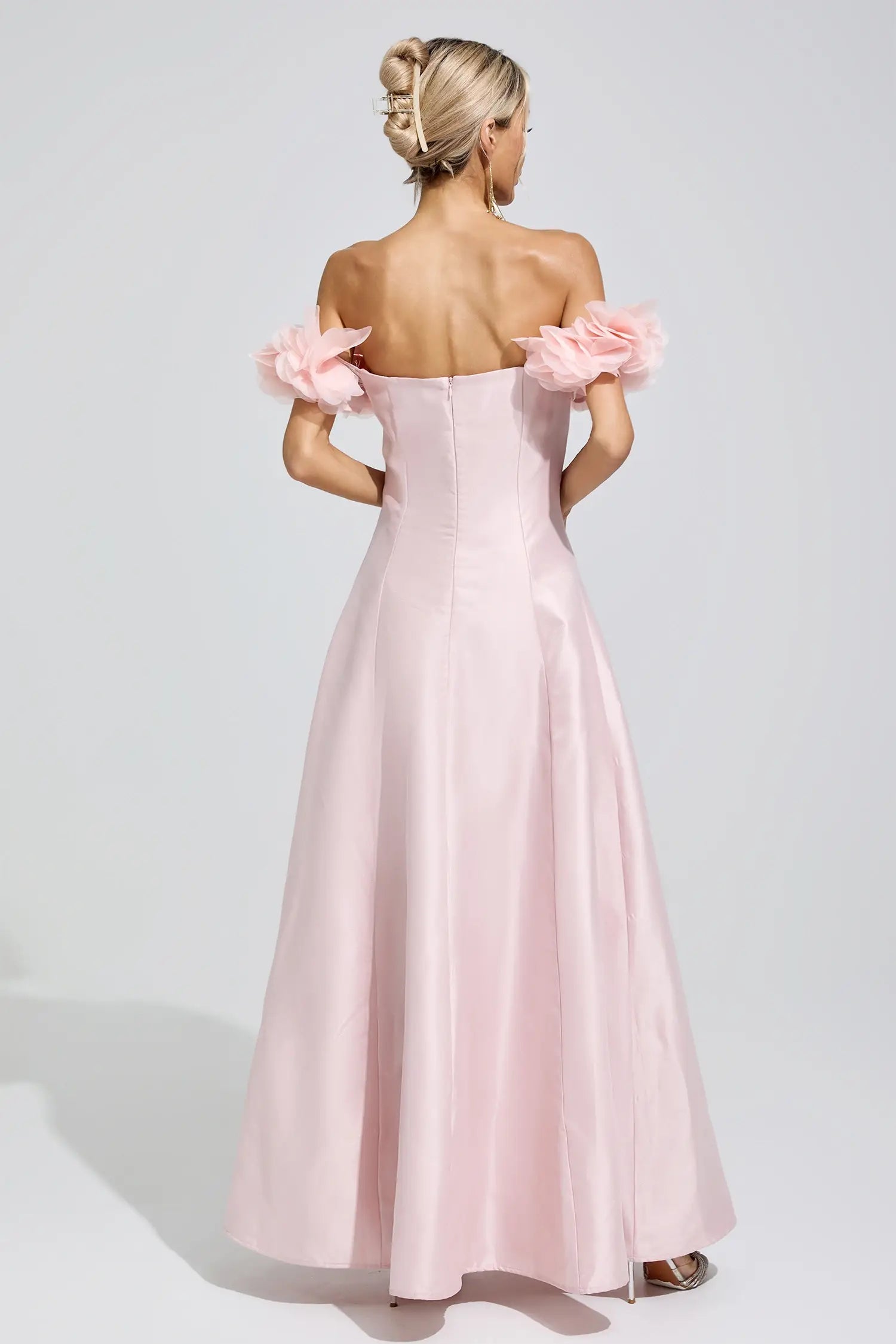 Ariella Pink 3D Floral Strapless Satin Maxi Dress
