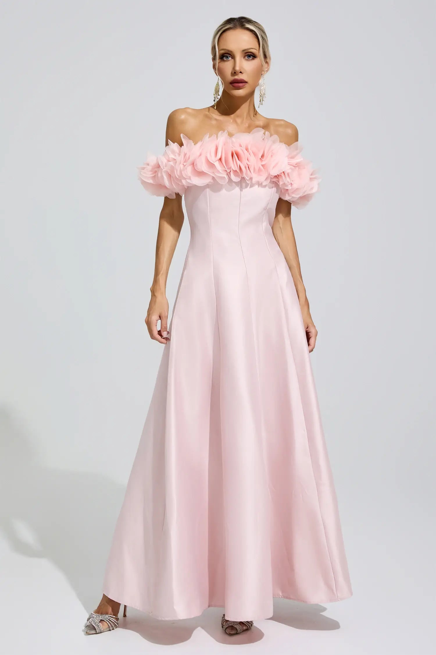 Ariella Pink 3D Floral Strapless Satin Maxi Dress