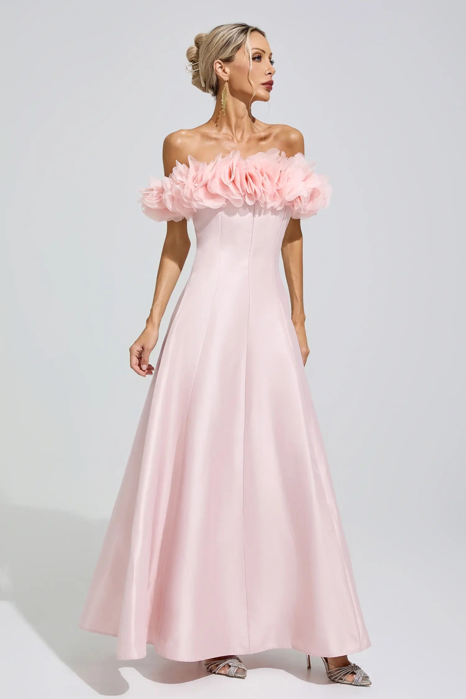 Ariella Pink 3D Floral Strapless Satin Maxi Dress