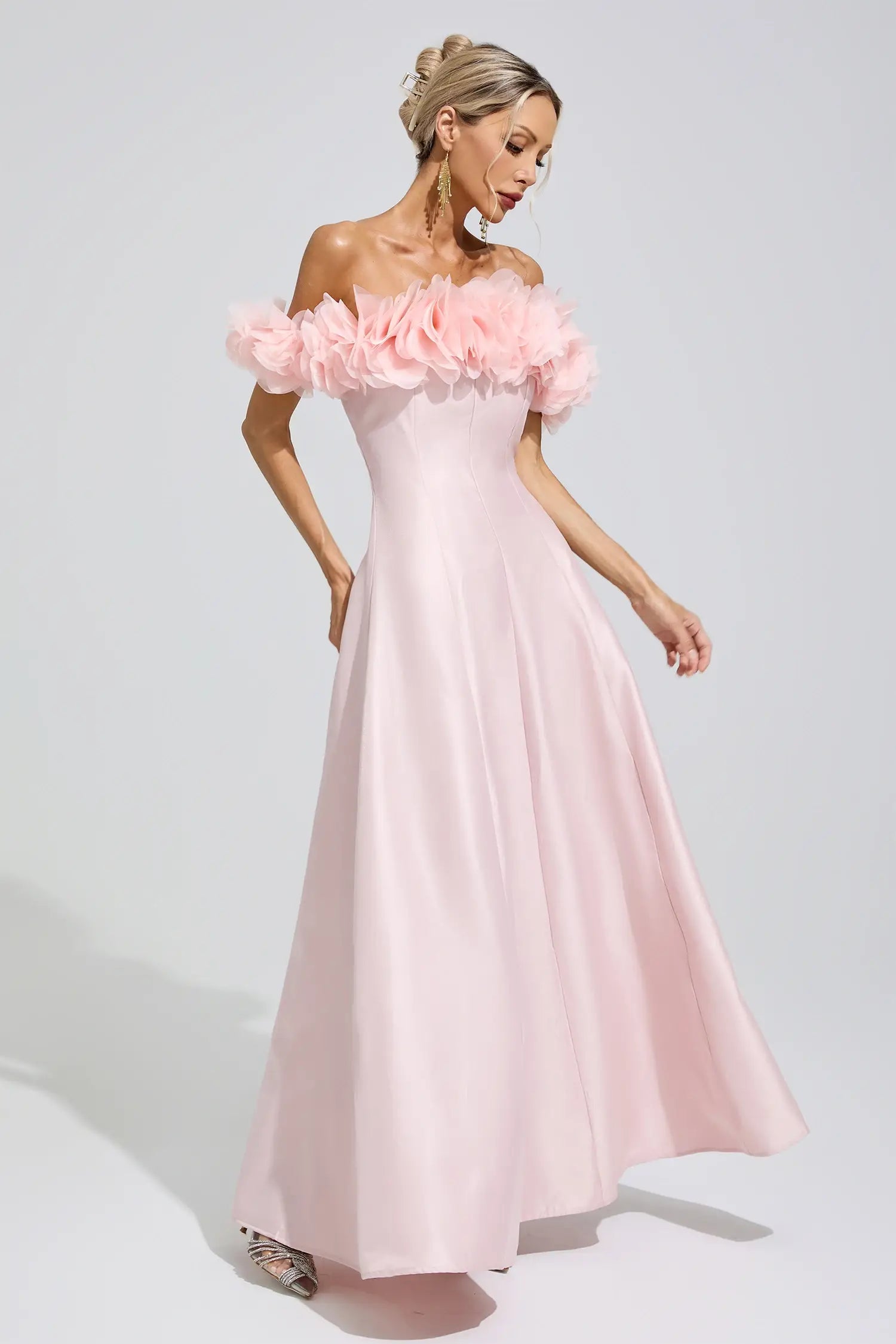 Ariella Pink 3D Floral Strapless Satin Maxi Dress