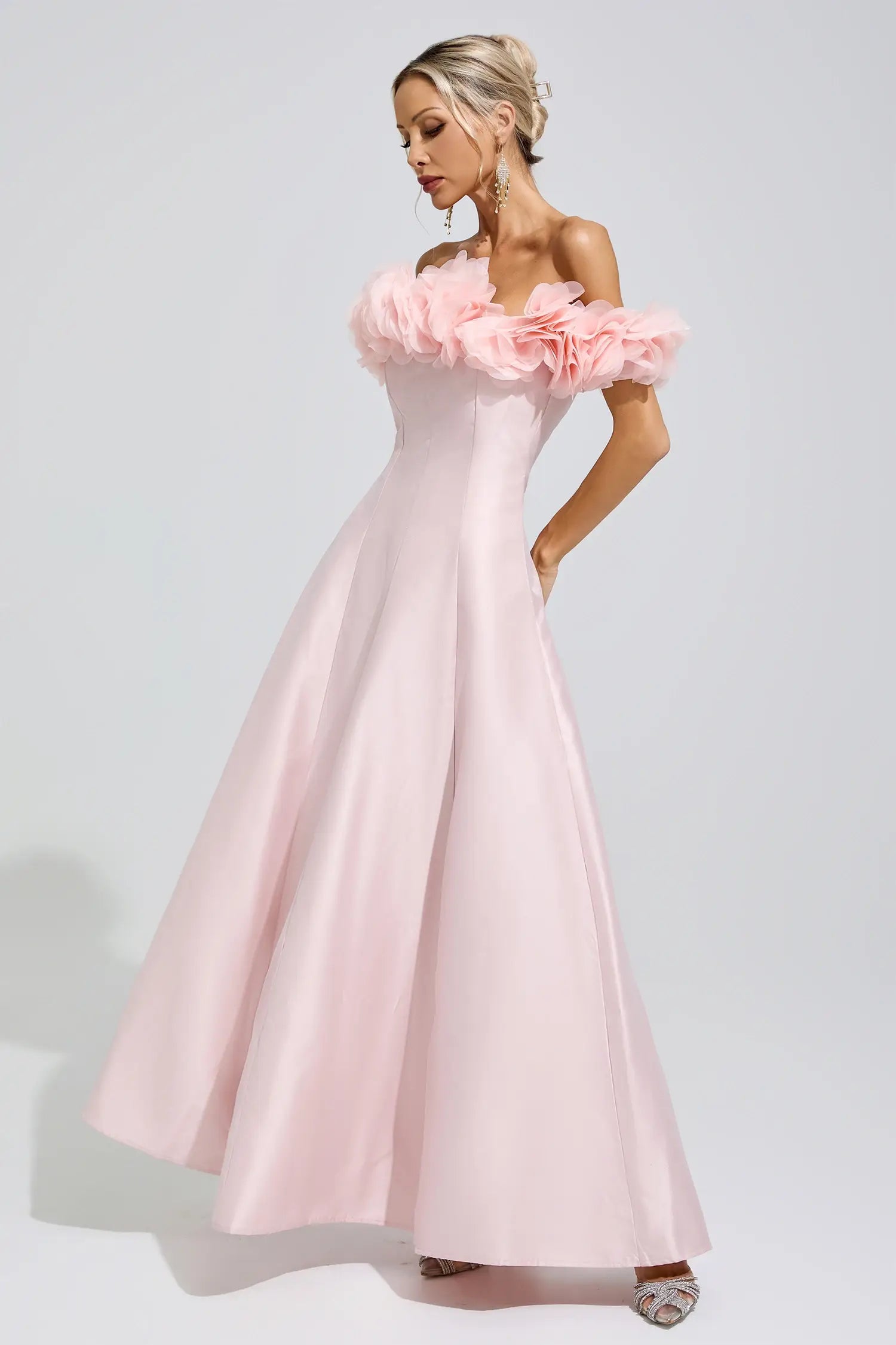 Ariella Pink 3D Floral Strapless Satin Maxi Dress