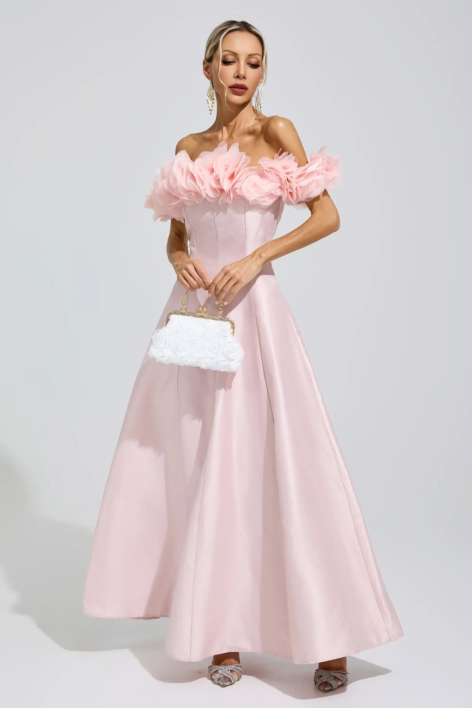Ariella Pink 3D Floral Strapless Satin Maxi Dress