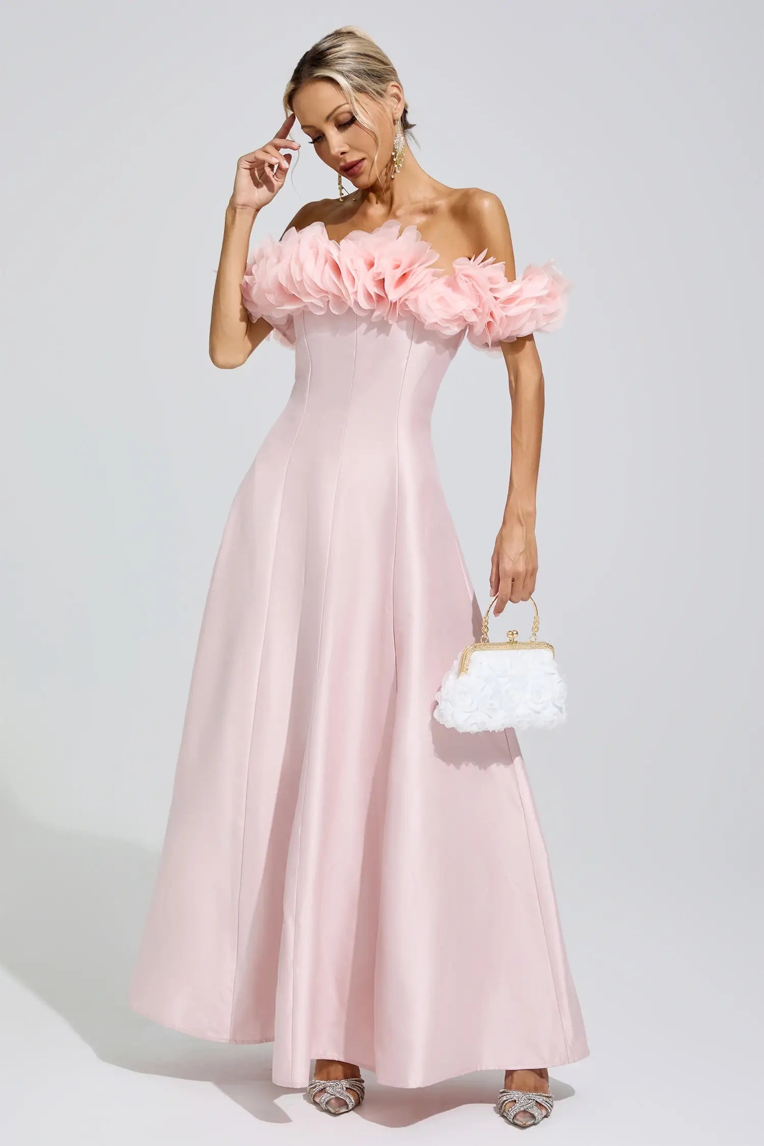 Ariella Pink 3D Floral Strapless Satin Maxi Dress