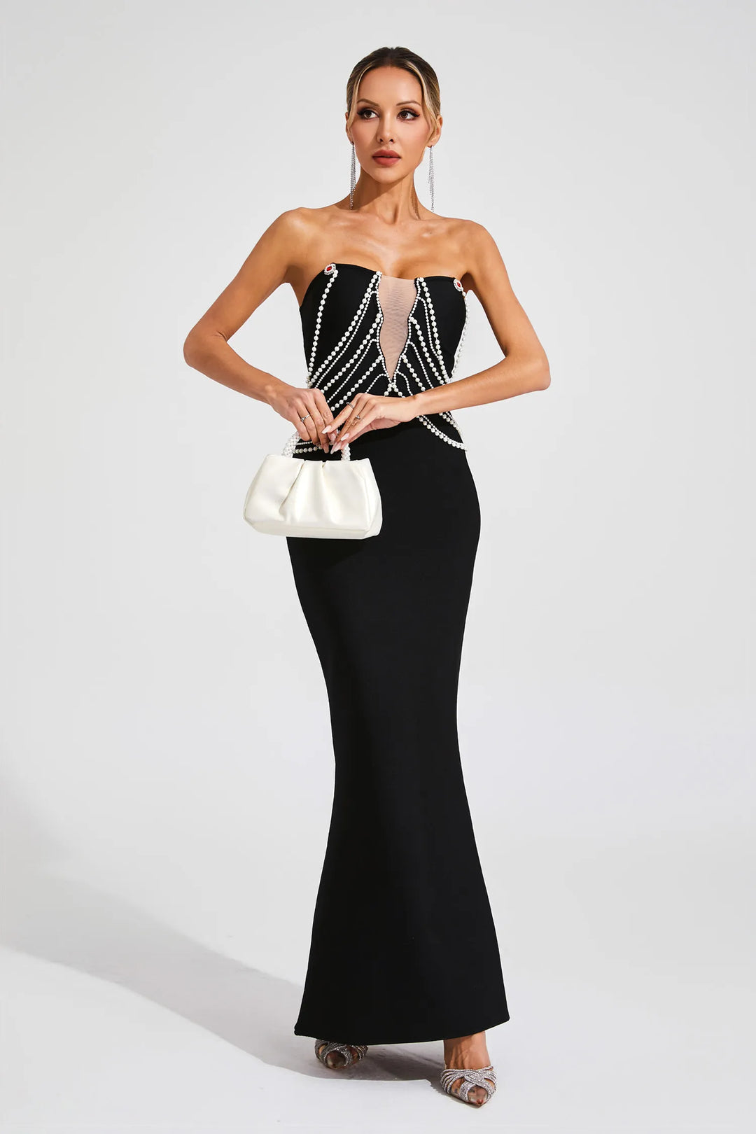 Delilah Black Pearls Off Shoulder Maxi Dress