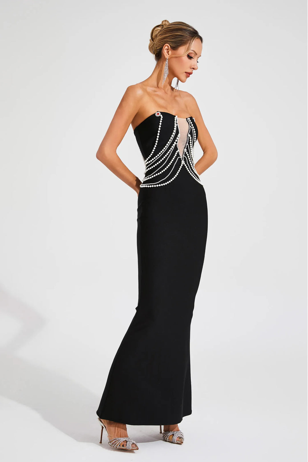 Delilah Black Pearls Off Shoulder Maxi Dress