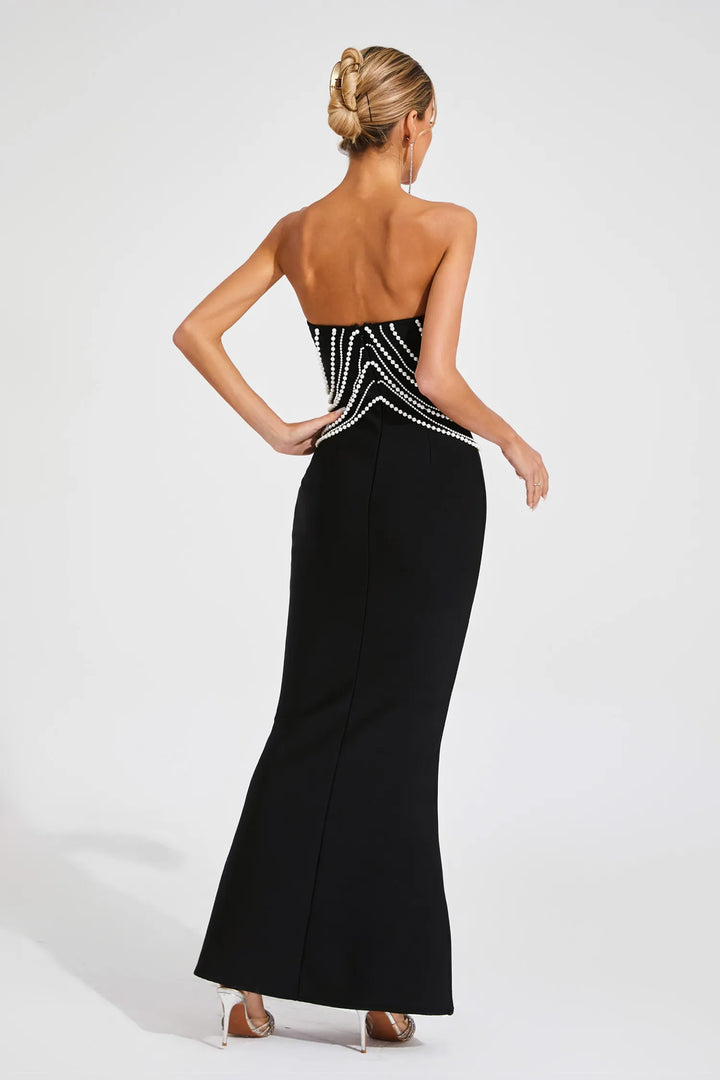 Delilah Black Pearls Off Shoulder Maxi Dress