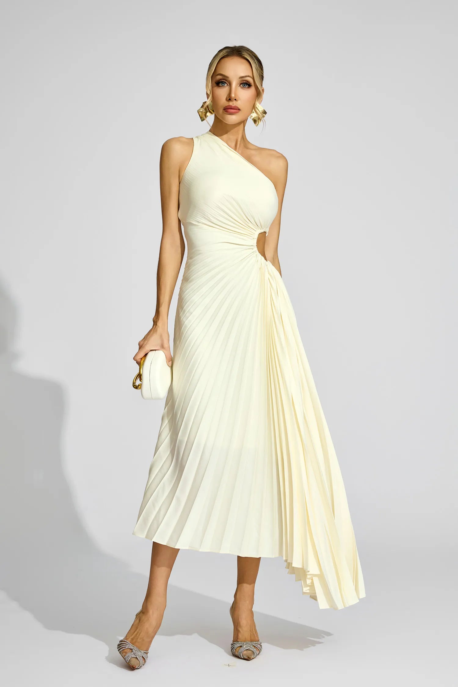 Cathy Apricot One Shoulder Pleated Midi Dress