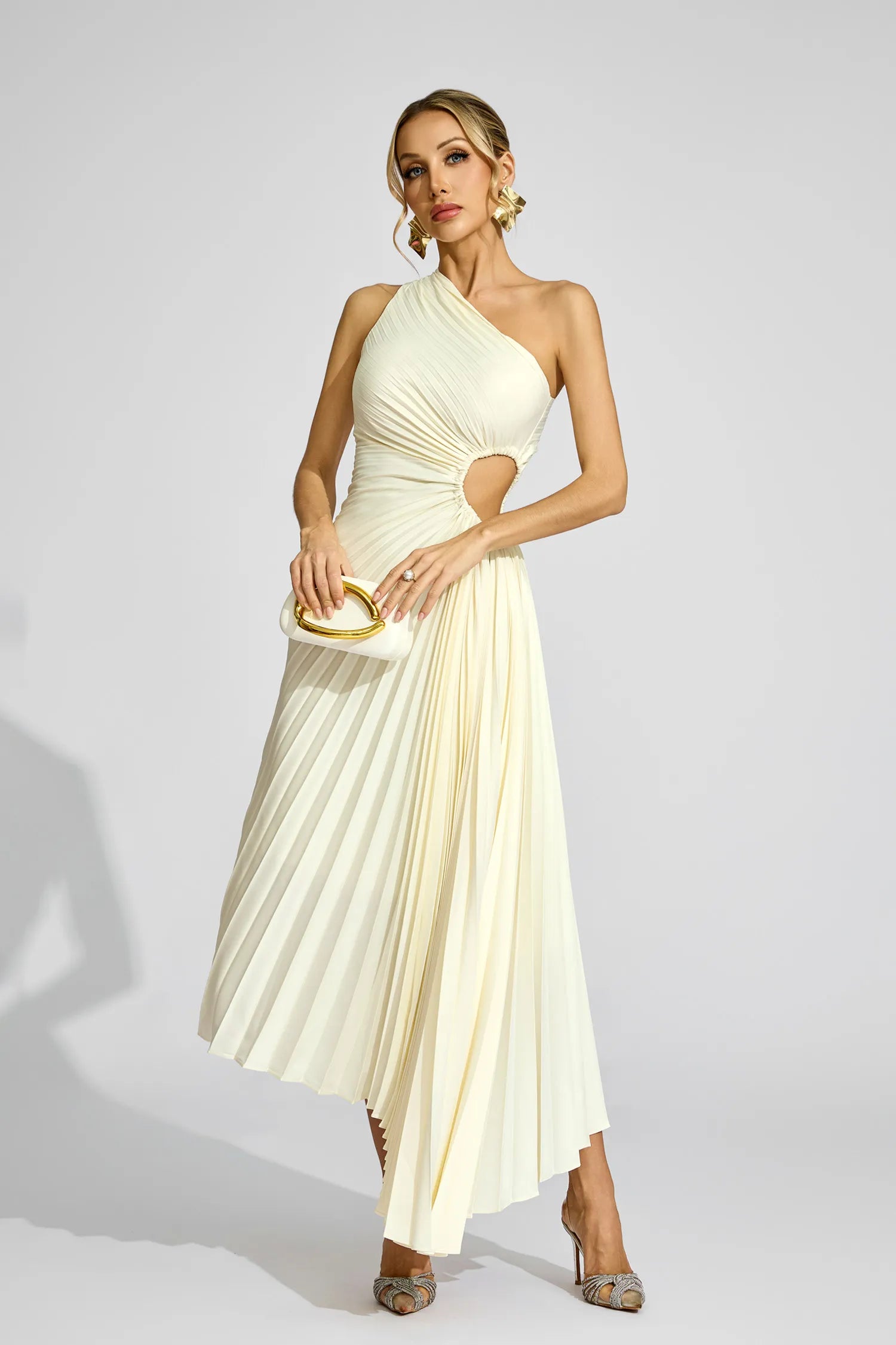 Cathy Apricot One Shoulder Pleated Midi Dress