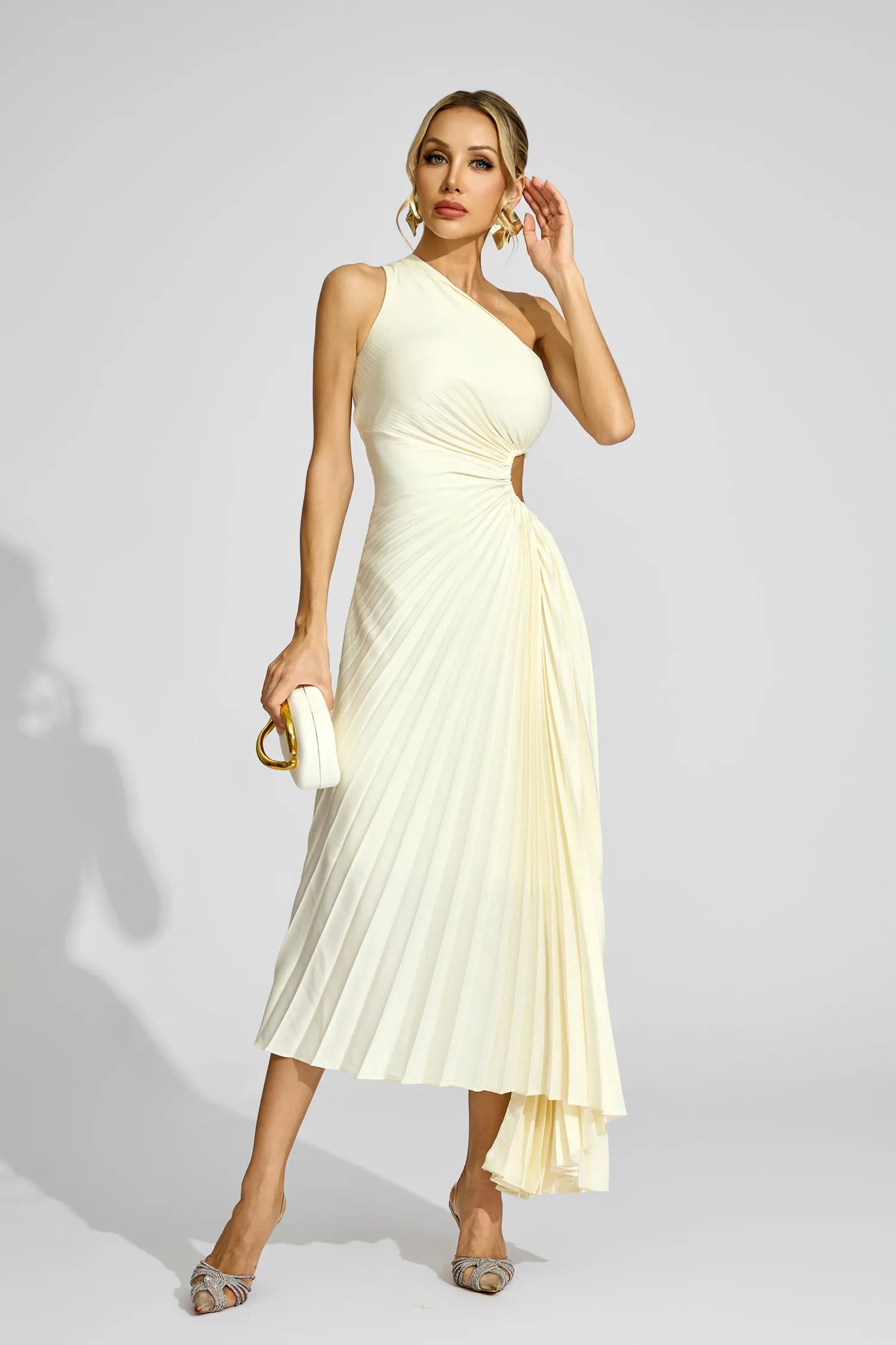 Cathy Apricot One Shoulder Pleated Midi Dress