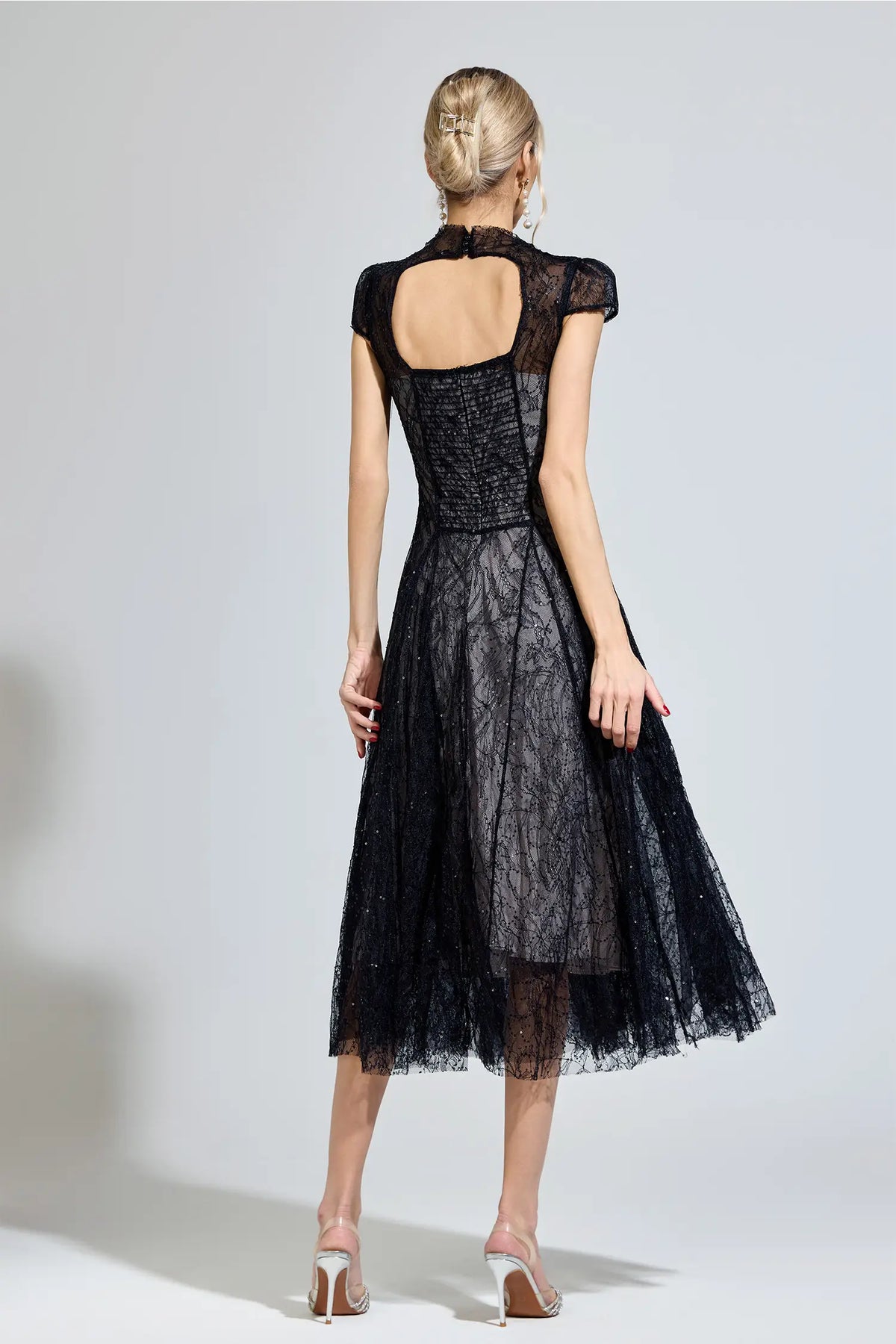 Phoenix Black Lace Sequin Midi Dress