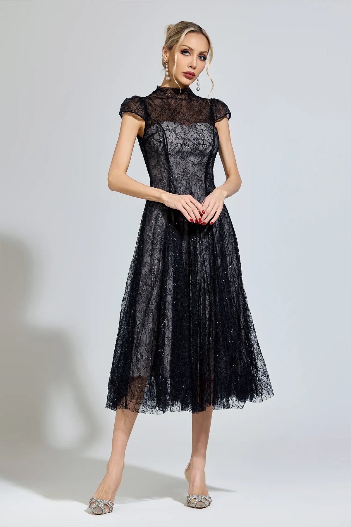 Phoenix Black Lace Sequin Midi Dress