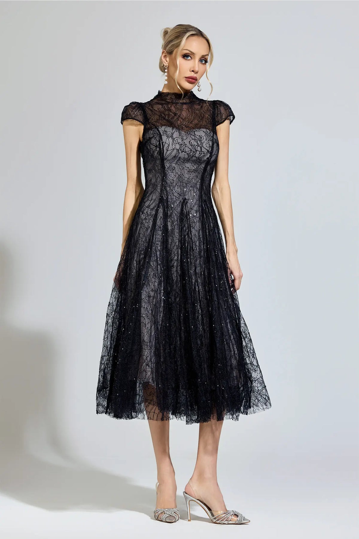 Phoenix Black Lace Sequin Midi Dress