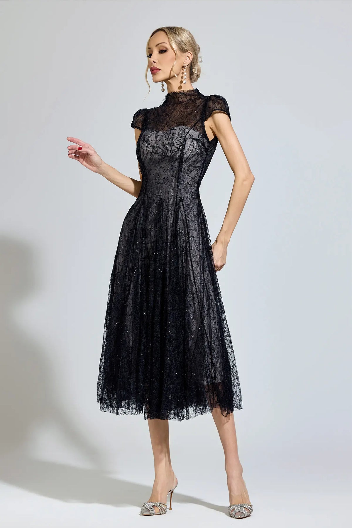 Phoenix Black Lace Sequin Midi Dress