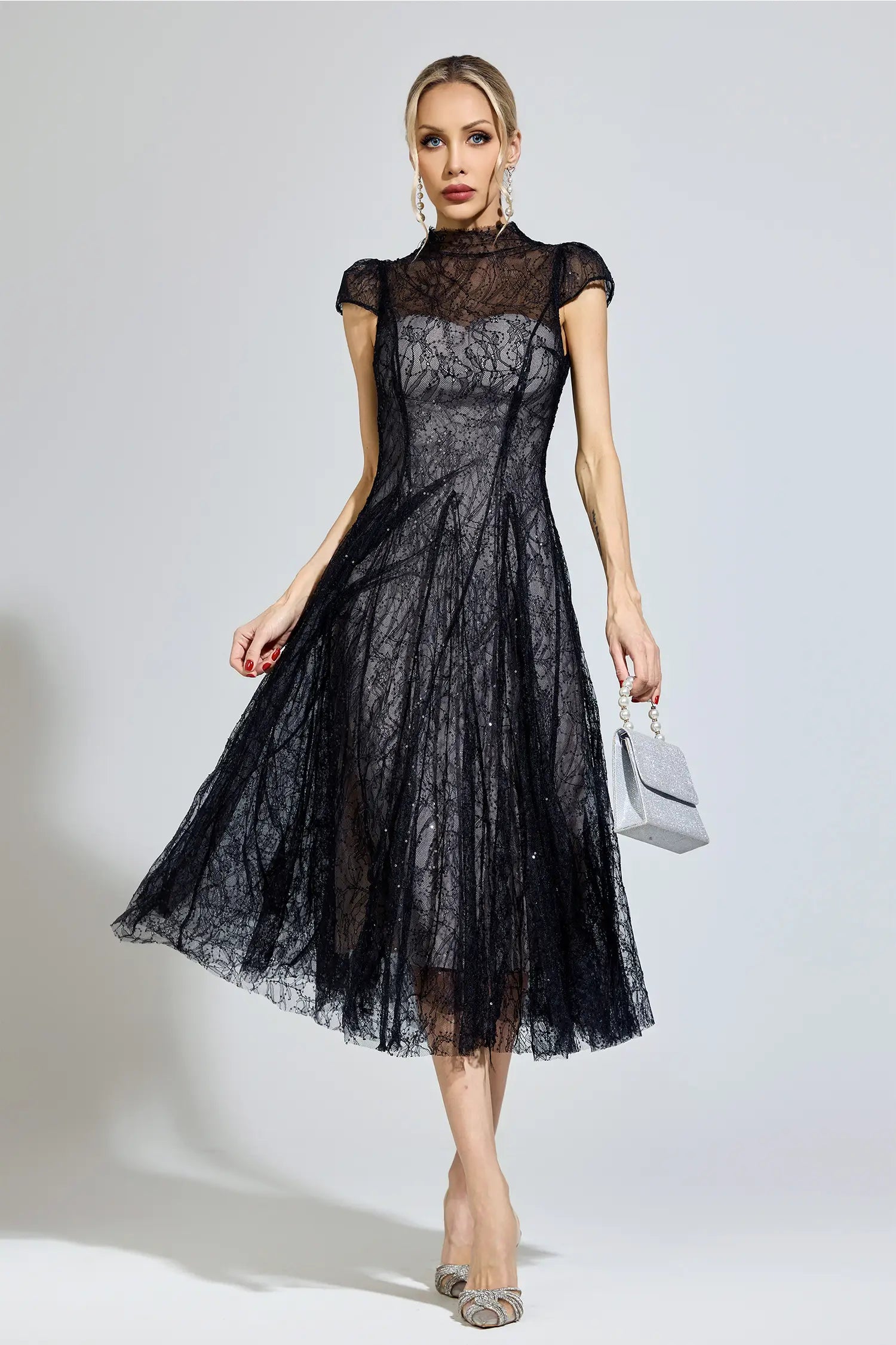 Phoenix Black Lace Sequin Midi Dress