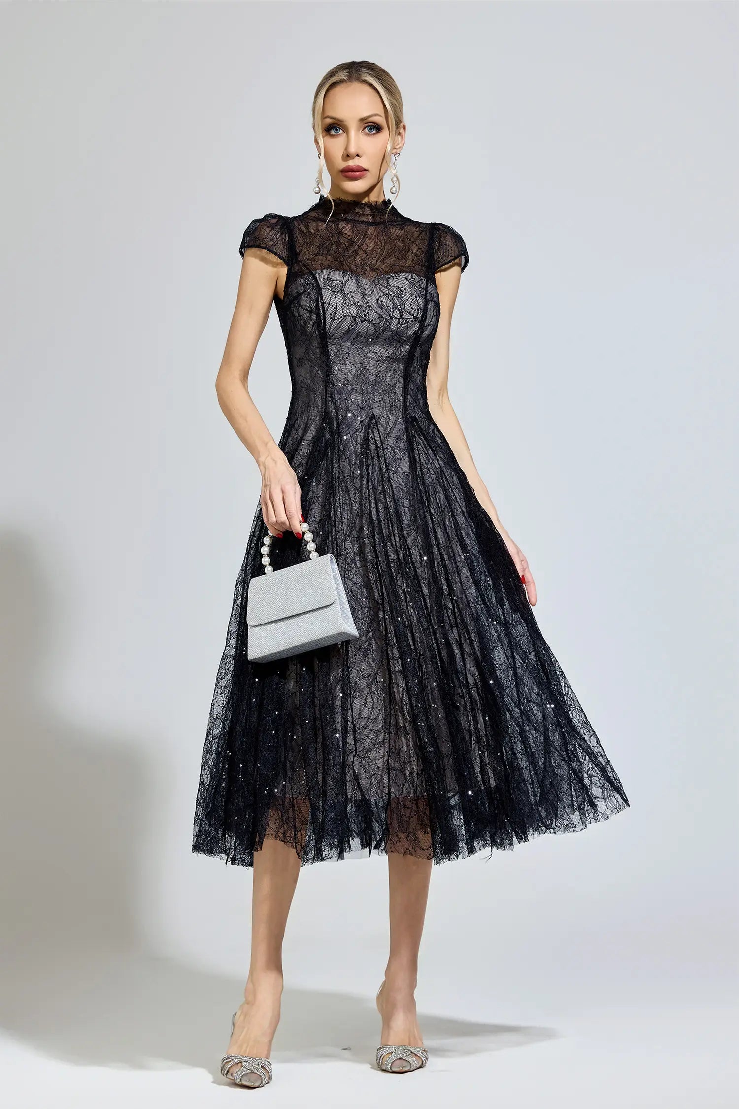 Phoenix Black Lace Sequin Midi Dress