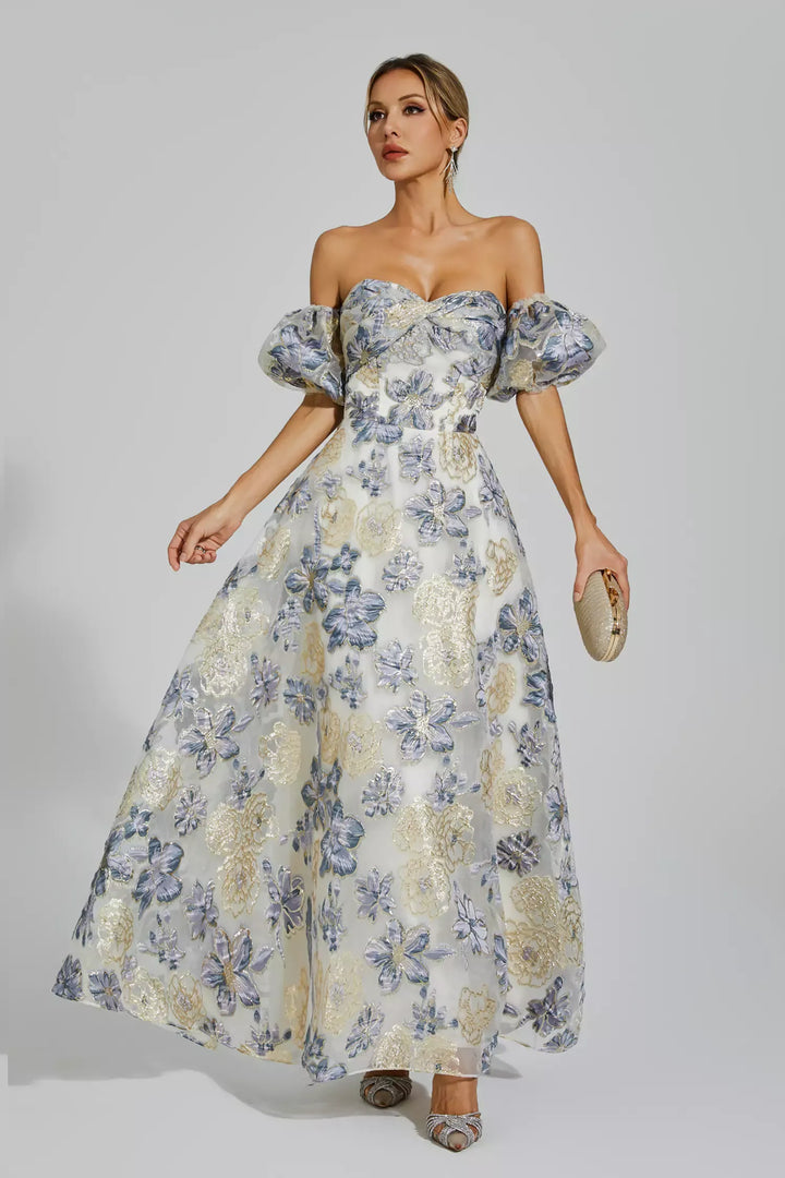 Reem Blue Flower Off Shoulder Maxi Dress