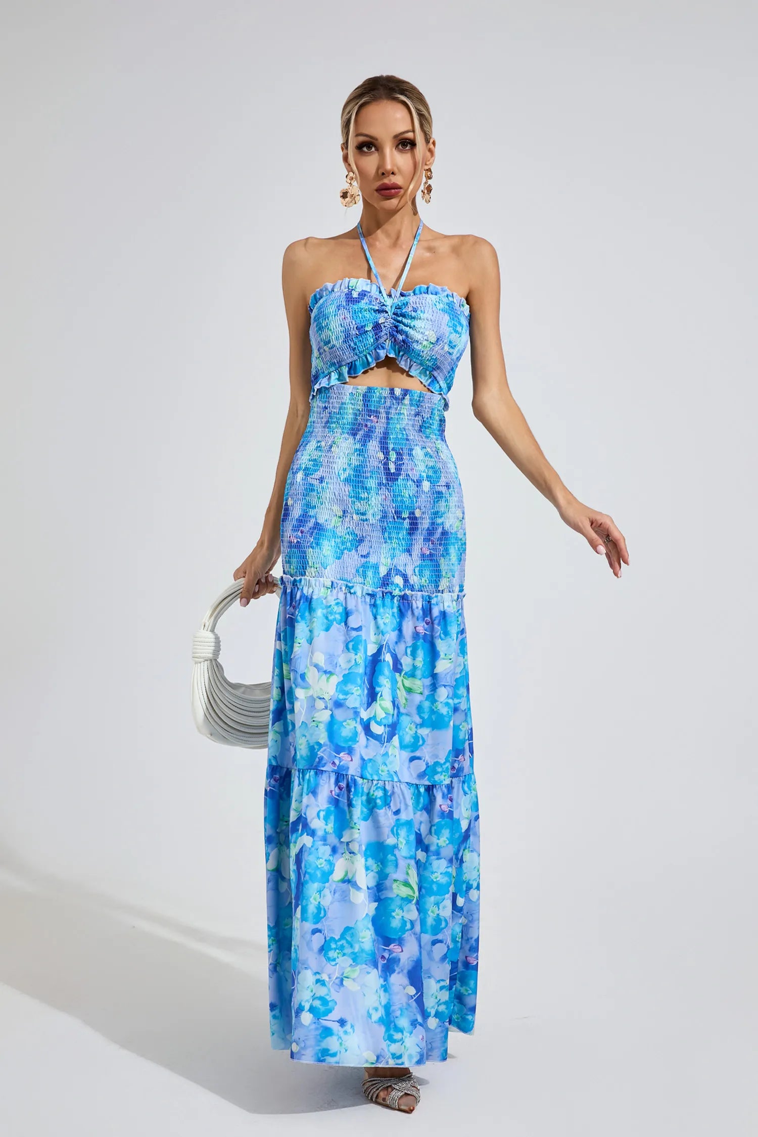 Ellison Blue Ruffle Halter Maxi Dress