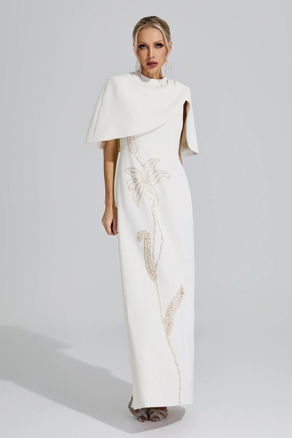 Zephyra Cape Sleeve Beaded Maxi Dress