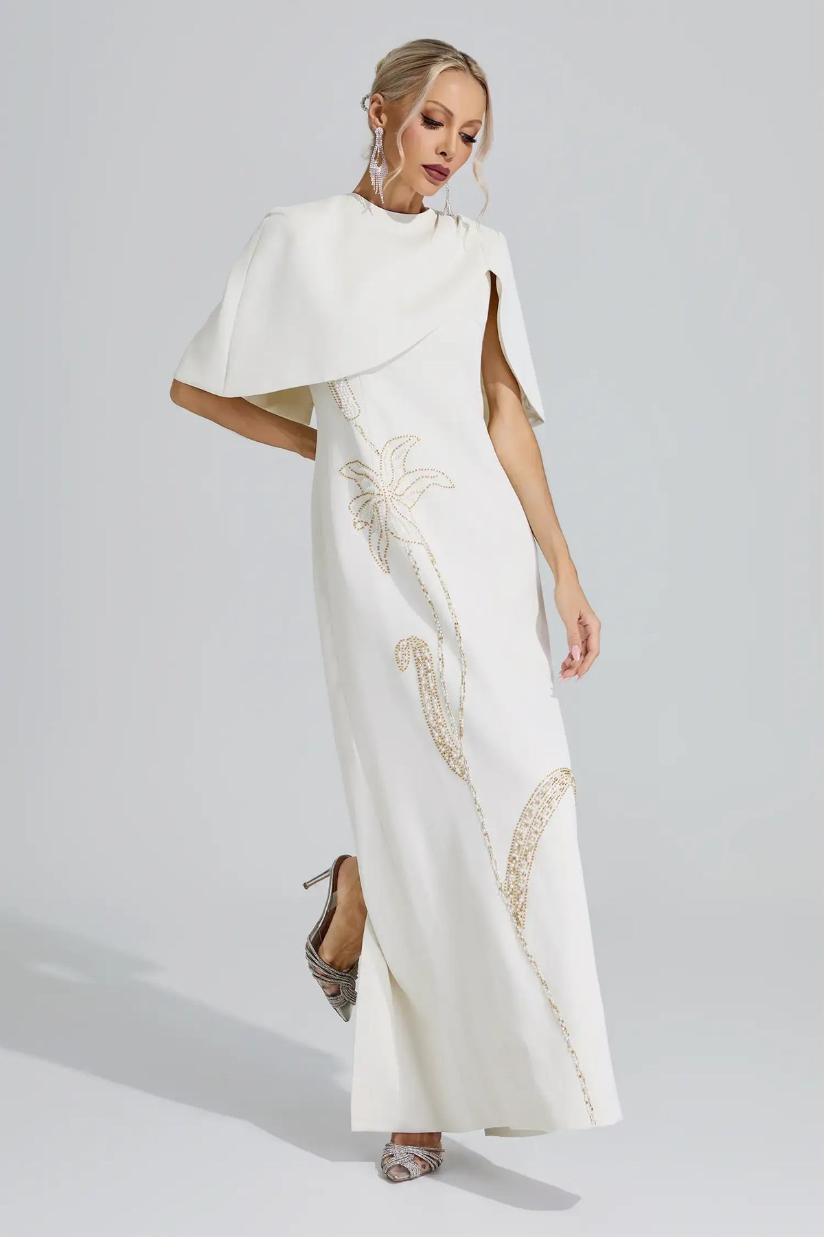Zephyra Cape Sleeve Beaded Maxi Dress