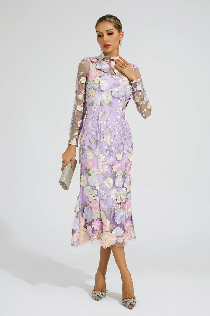 Helena Purple Flower Embroidered Midi Dress