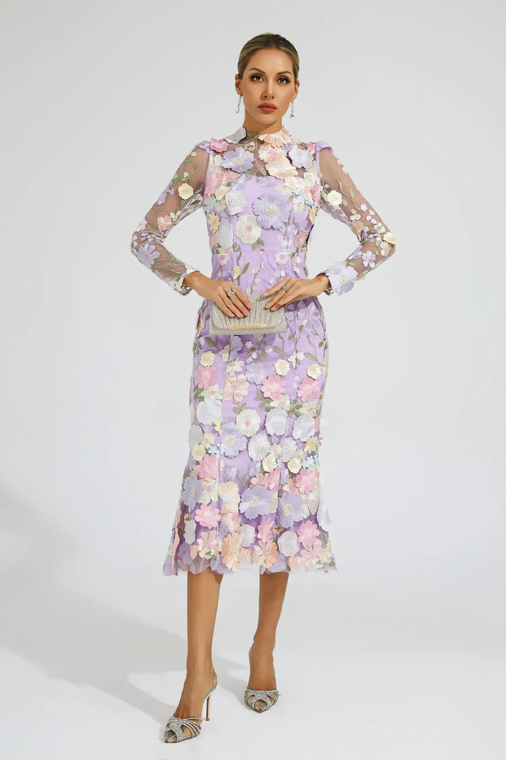 Helena Purple Flower Embroidered Midi Dress