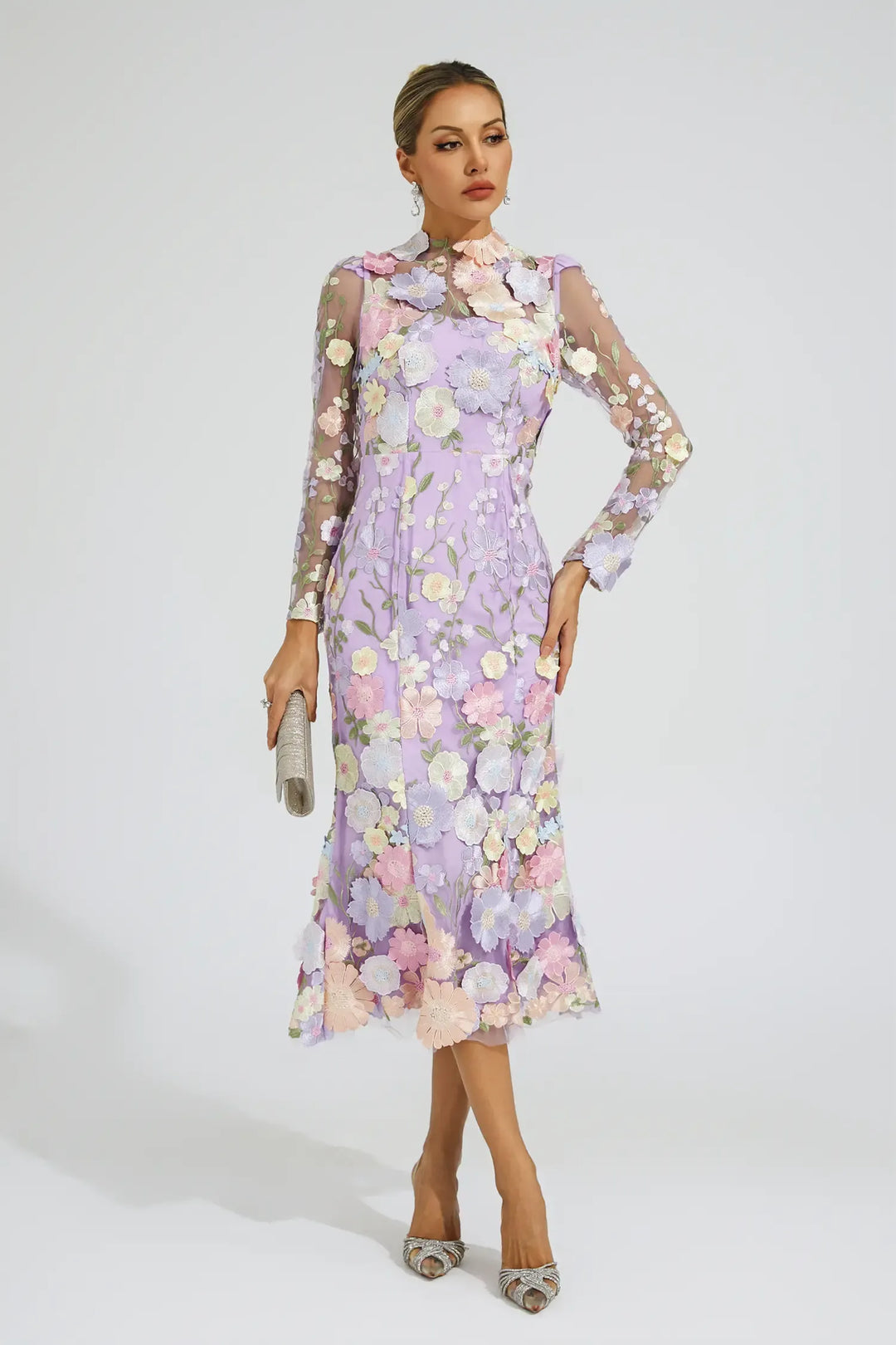 Helena Purple Flower Embroidered Midi Dress