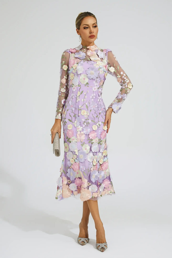 Helena Purple Flower Embroidered Midi Dress