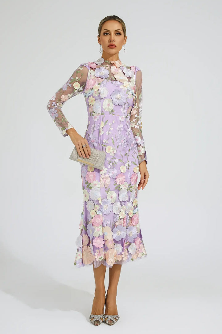 Helena Purple Flower Embroidered Midi Dress