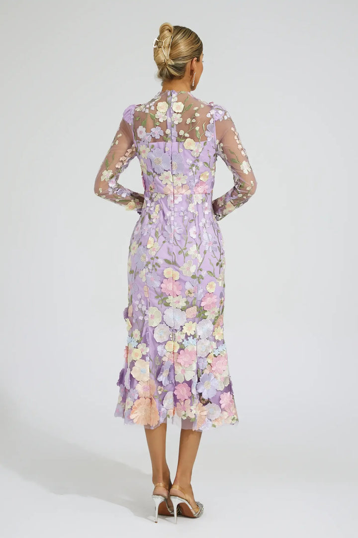 Helena Purple Flower Embroidered Midi Dress