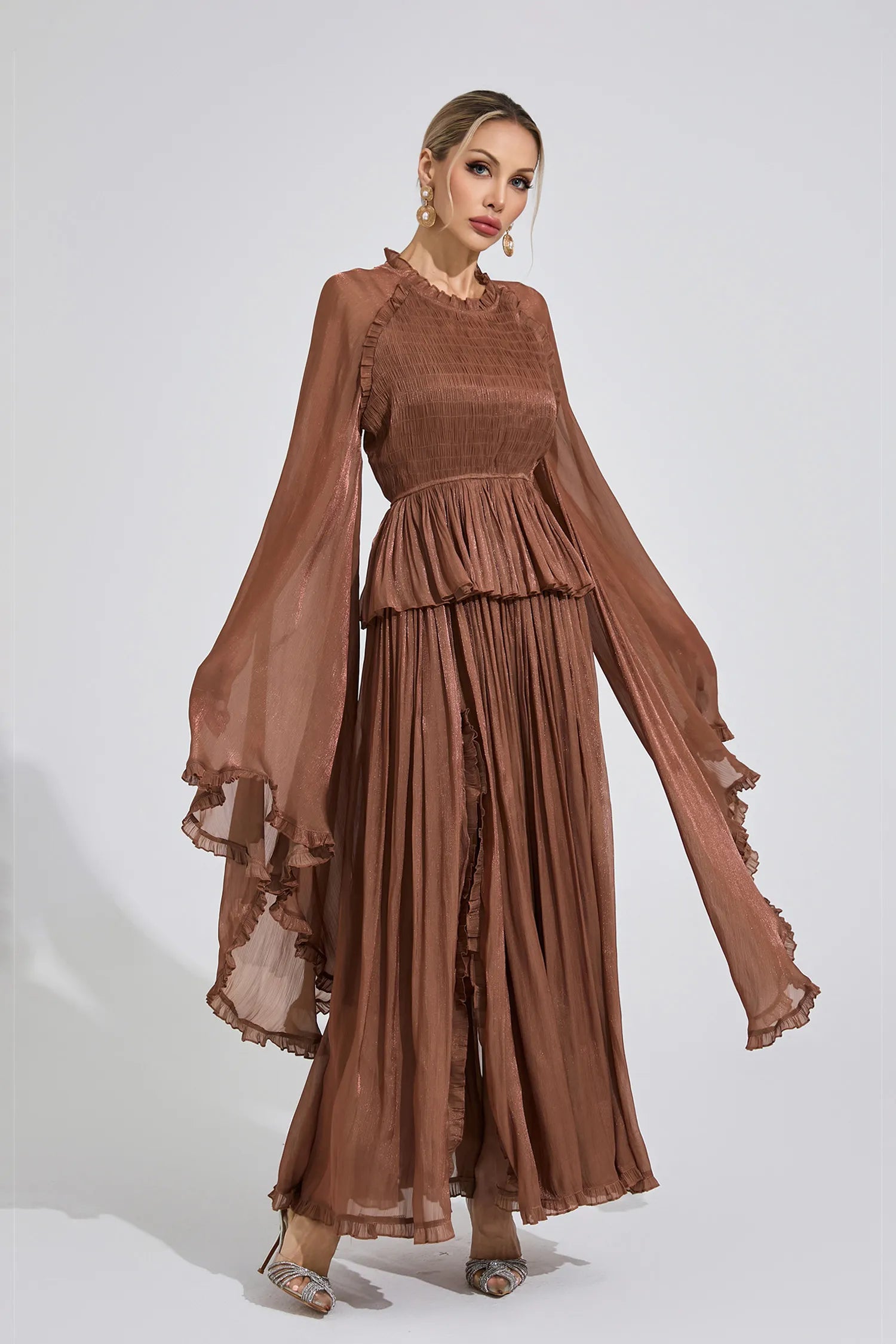 Synthe Brown Flounce Maxi Dress