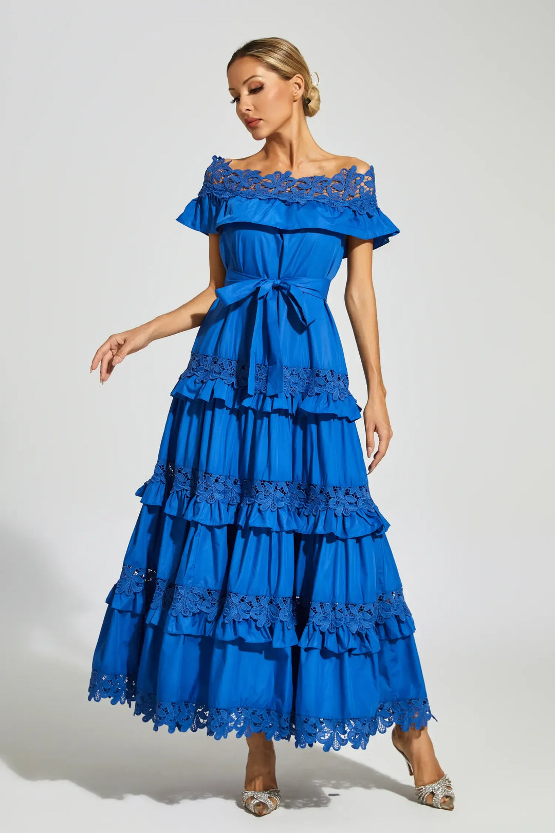 Soraya Marine Blue Ruffle Off Shoulder Maxi Dress