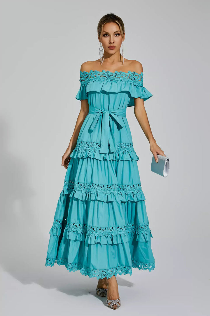 Soraya Blue Ruffle Off Shoulder Maxi Dress