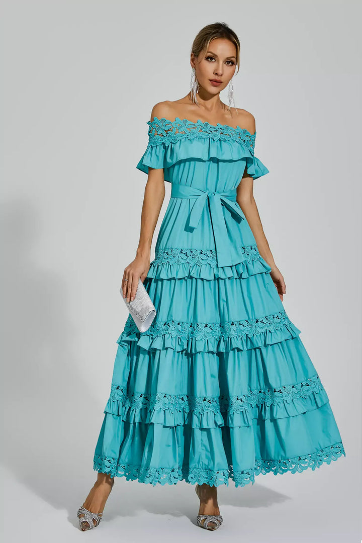 Soraya Blue Ruffle Off Shoulder Maxi Dress