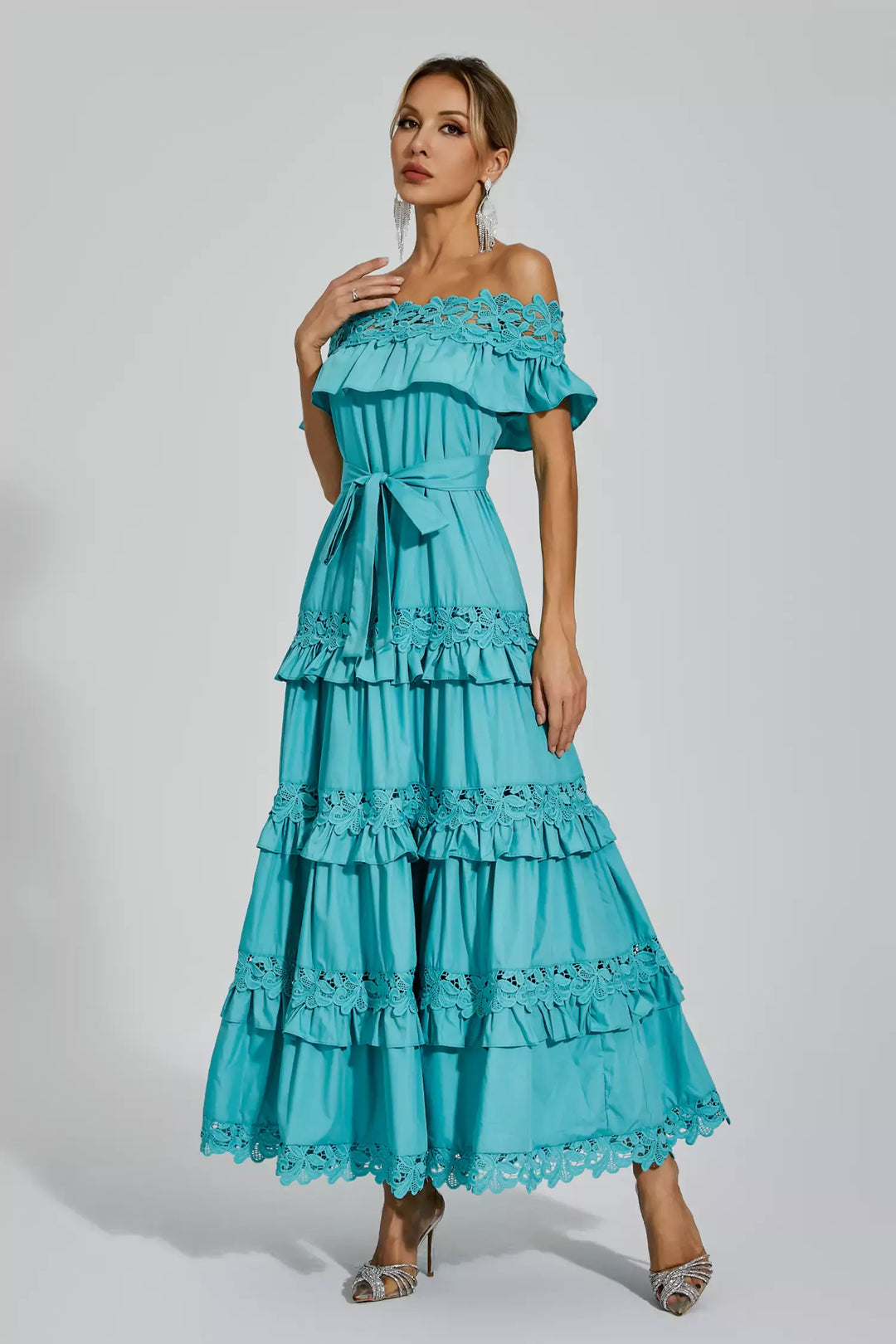 Soraya Blue Ruffle Off Shoulder Maxi Dress