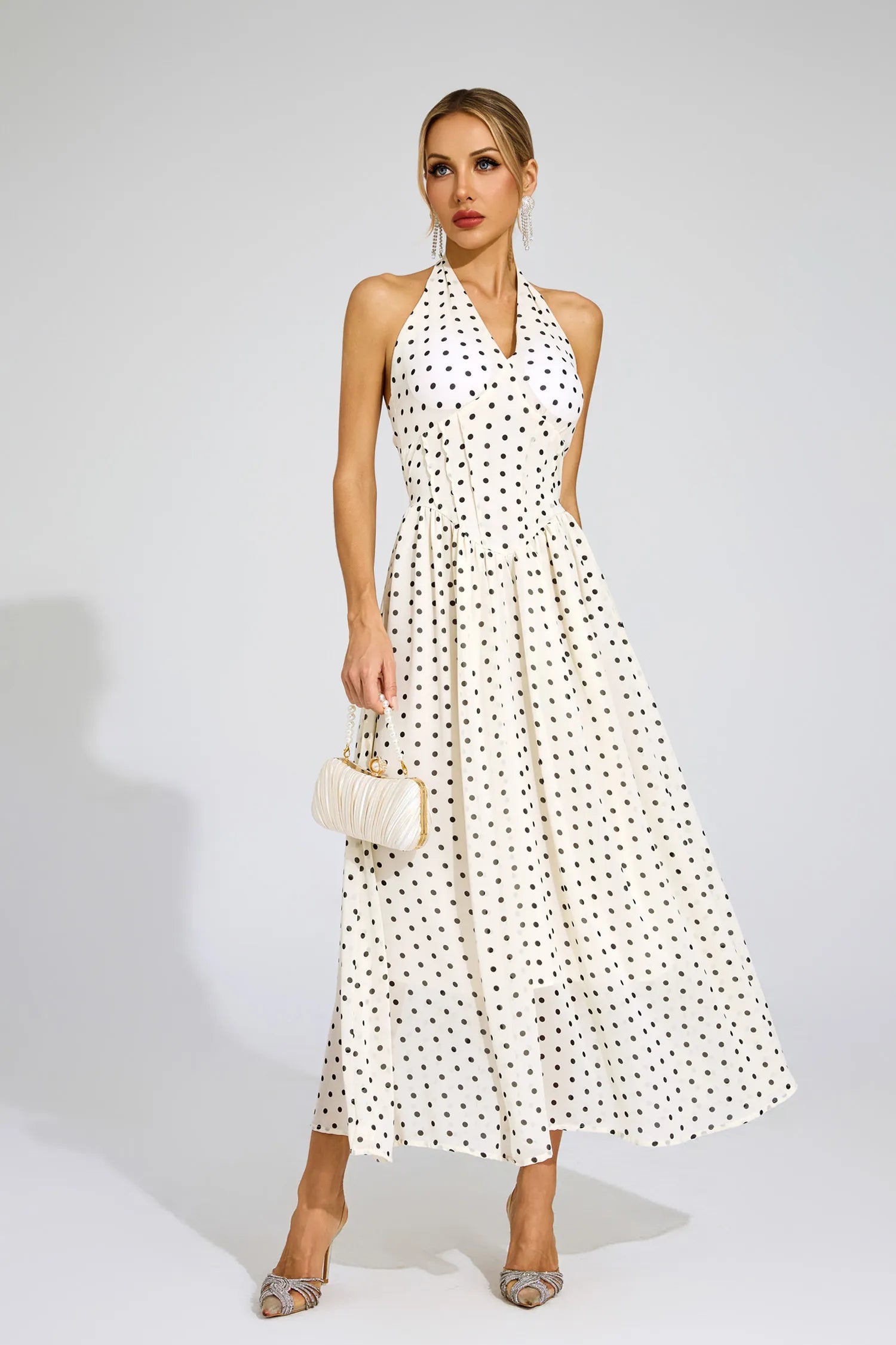 Charisse White Polka Dot Halter Maxi Dress