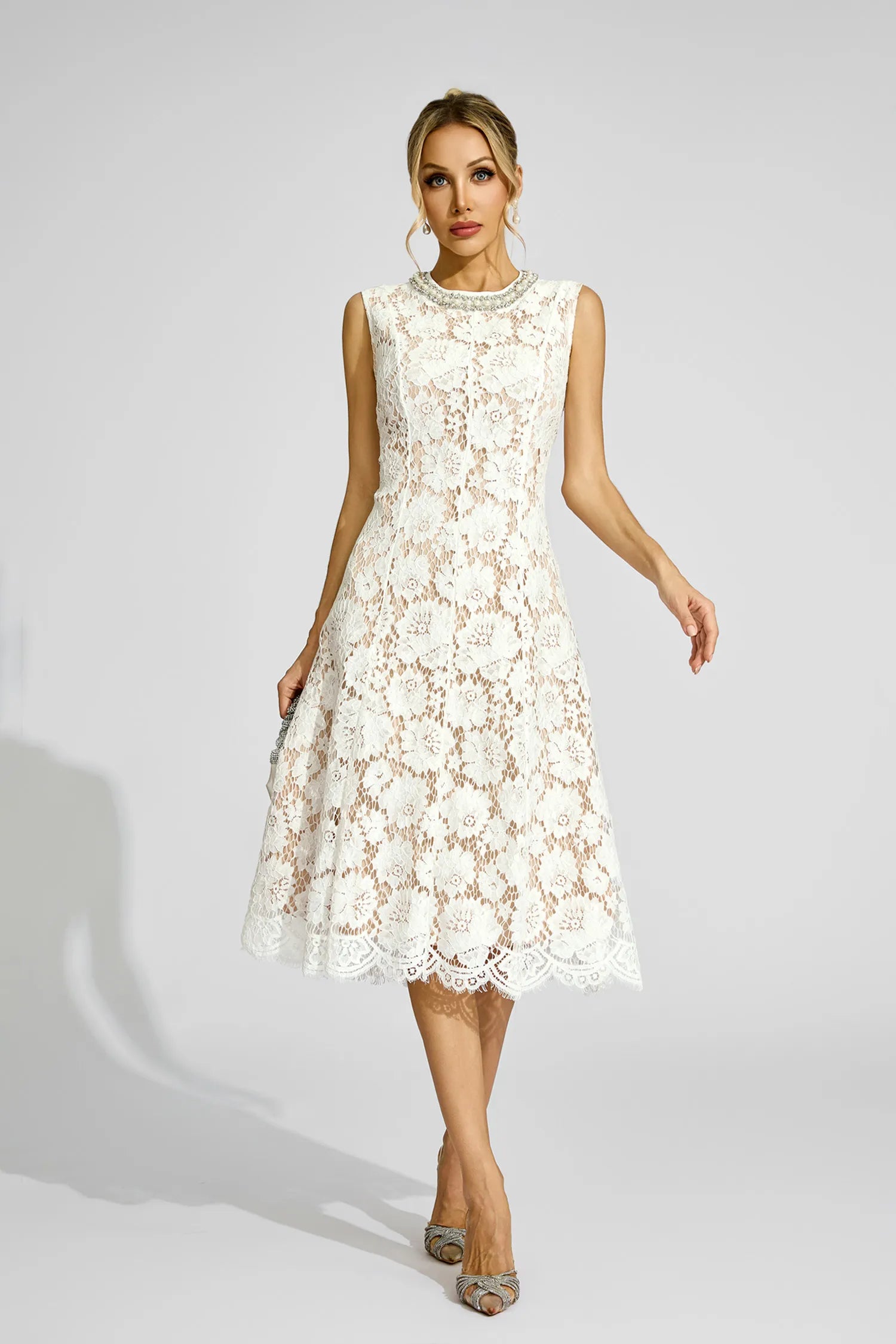 Amy White Lace Embellished Midi Dress