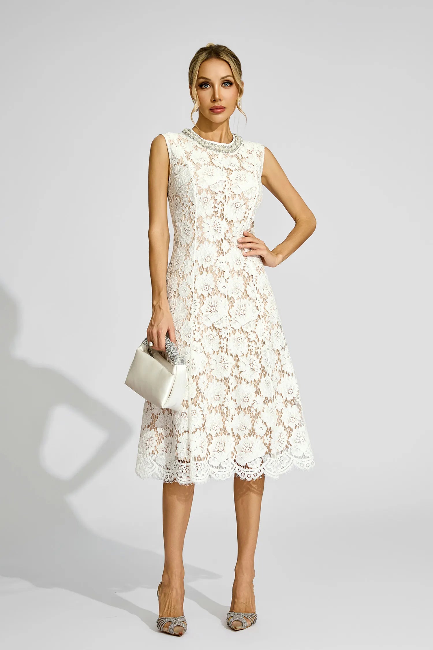 Amy White Lace Embellished Midi Dress
