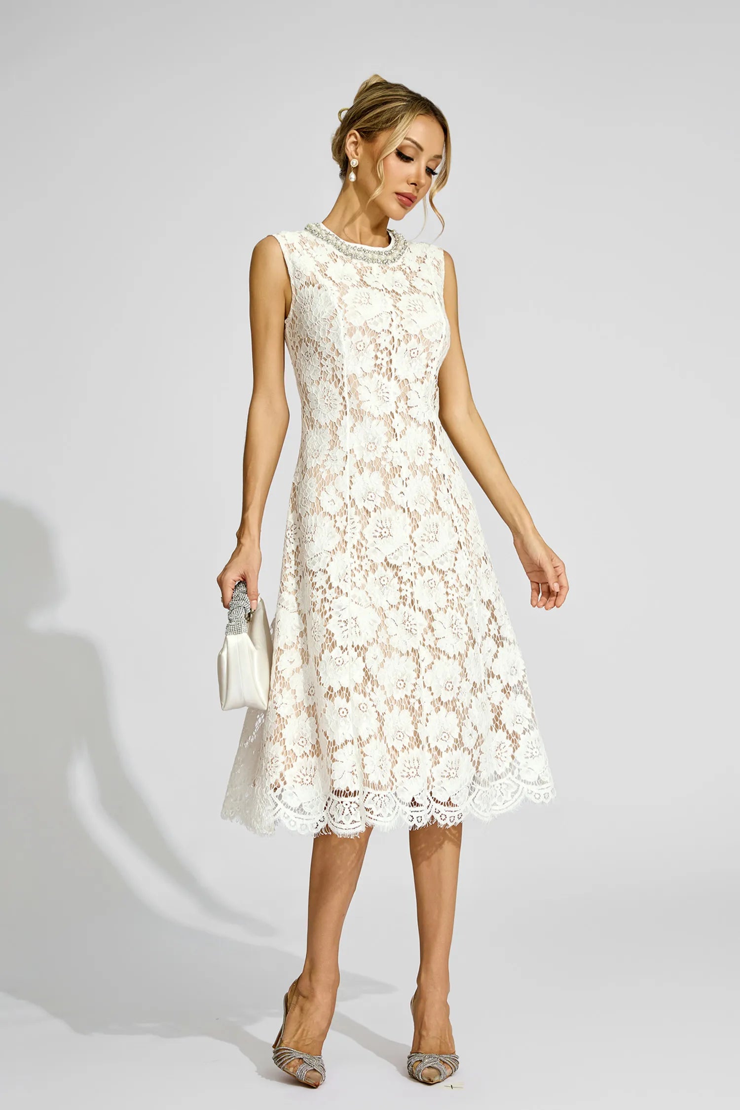 Amy White Lace Embellished Midi Dress