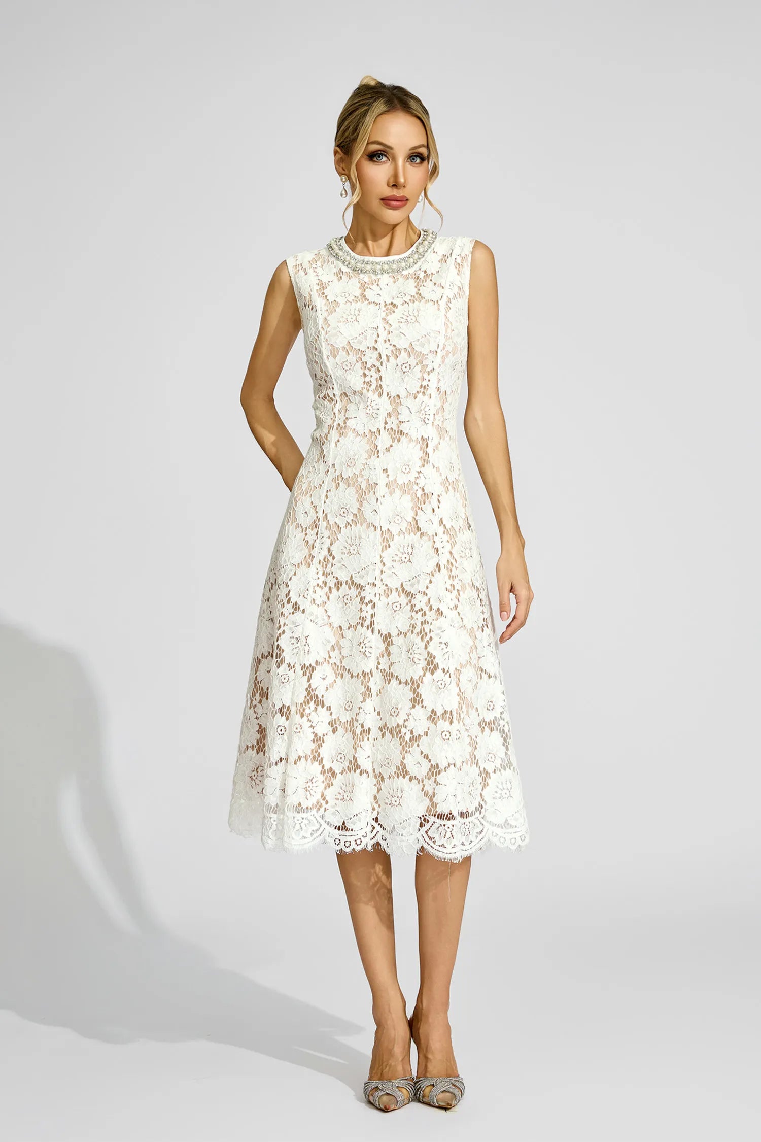 Amy White Lace Embellished Midi Dress