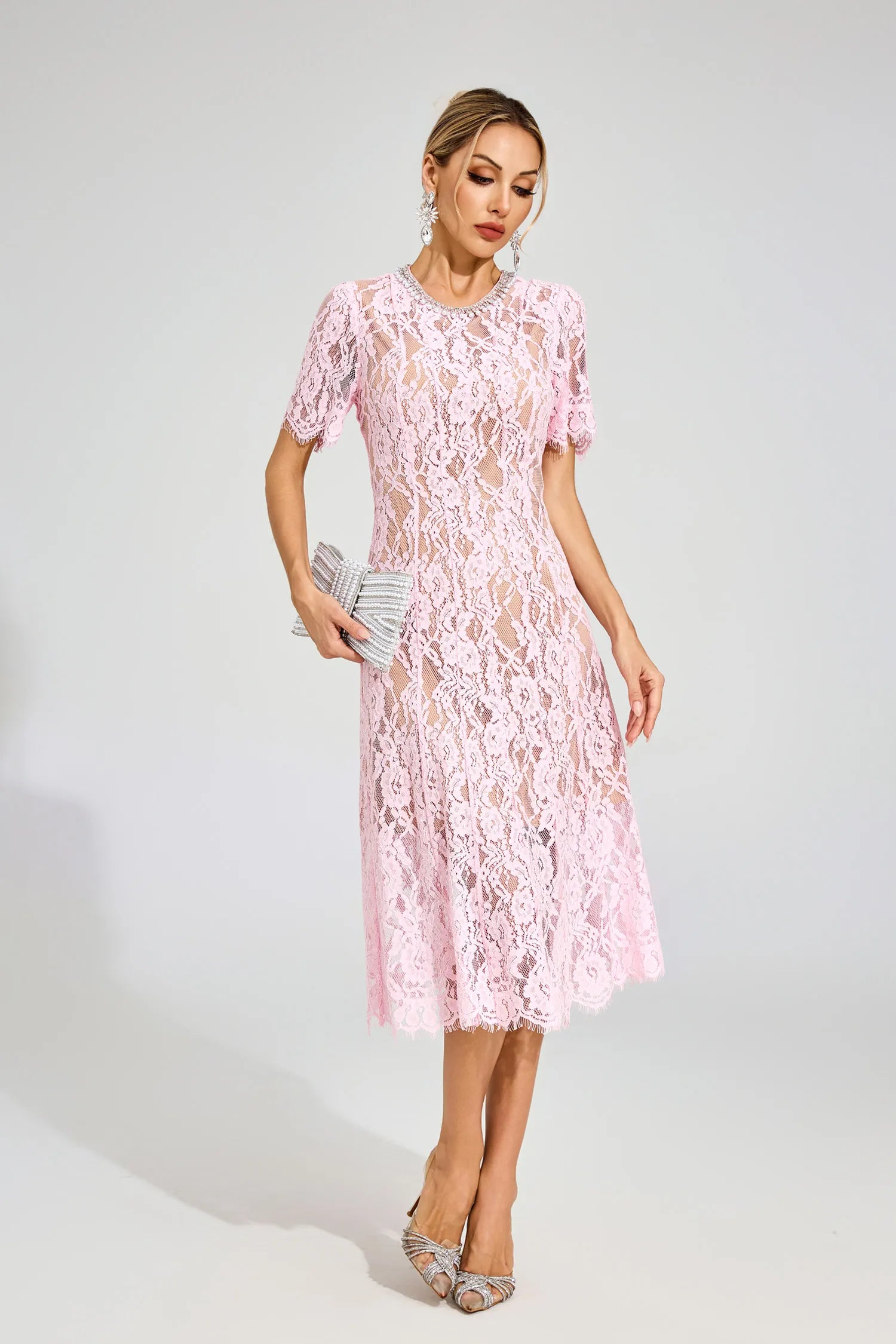 Noémie Pink Cut Out Lace Midi Dress