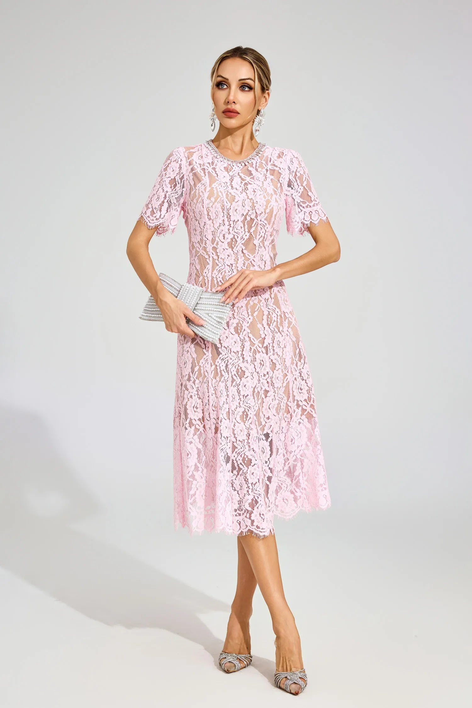 Noémie Pink Cut Out Lace Midi Dress