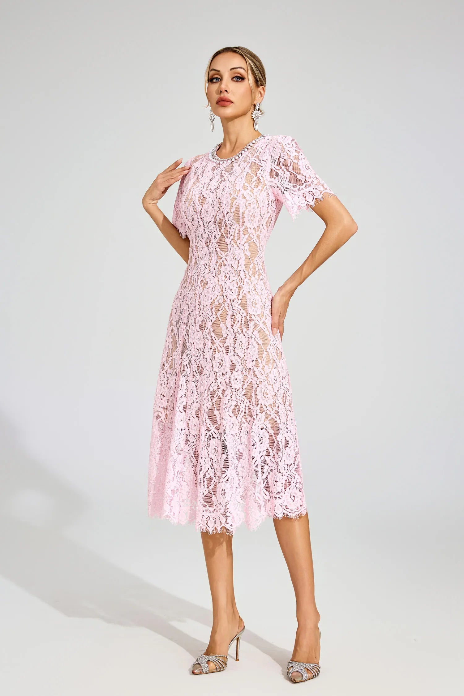 Noémie Pink Cut Out Lace Midi Dress