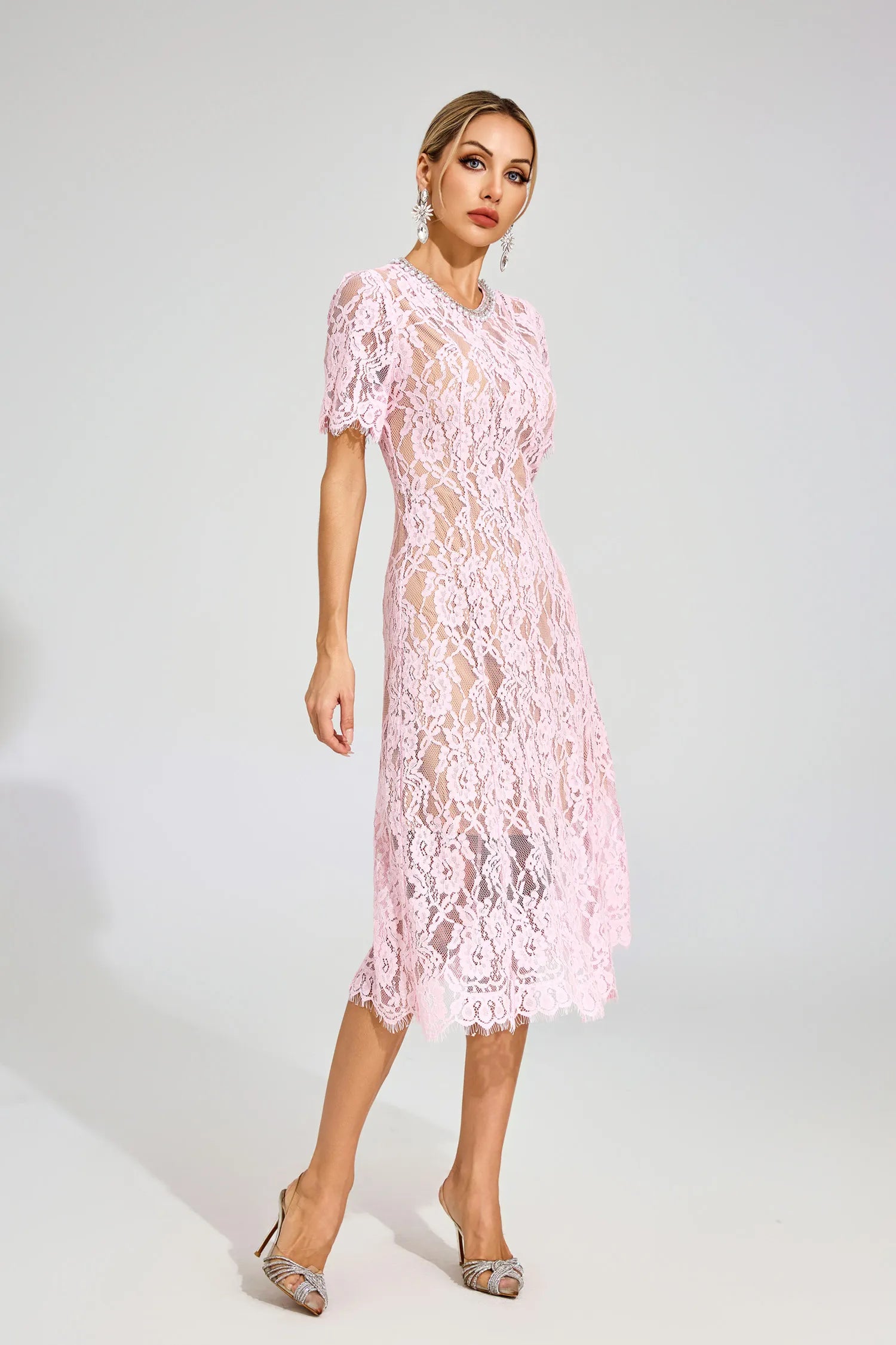 Noémie Pink Cut Out Lace Midi Dress